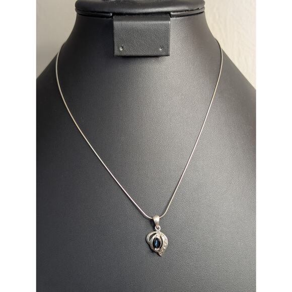 VTG 925 Sterling Silver Faceted Black/Navy Marquis Cut Crystal Pendant Necklace - Picture 1 of 5